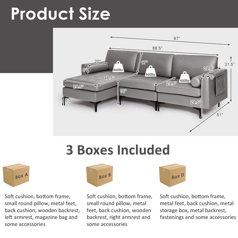 Costway Modular Extra-Large 4 Seat Sectional Sofa with Reversible Chaise & 2 USB  Ports, 4 of 11