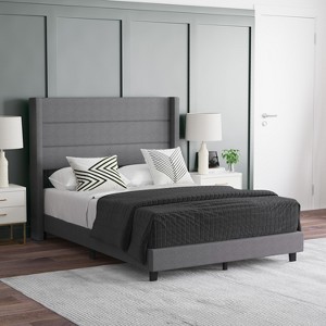 Emma and Oliver Modern Channel Stitched Upholstered Platform Bed with Wingback Headboard and Wooden Support Slats; No Box Spring Needed - 1 of 4