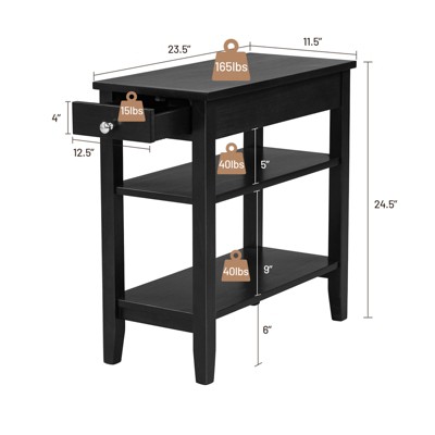 Black Wood Narrow End Table with Drawer and Shelves