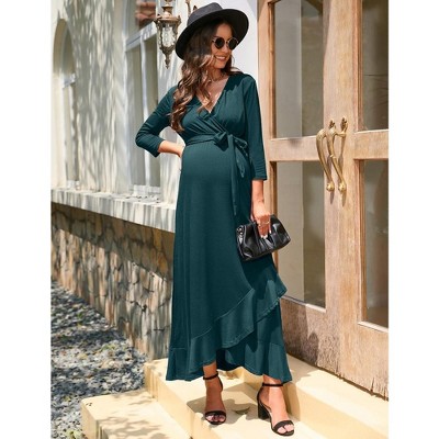 YesFashion Women's Maternity Dress Casual V Neck 3/4 Sleeve Wrap Dress Ruffle Hi-Low Maxi Nursing Breastfeeding Dress with Belted