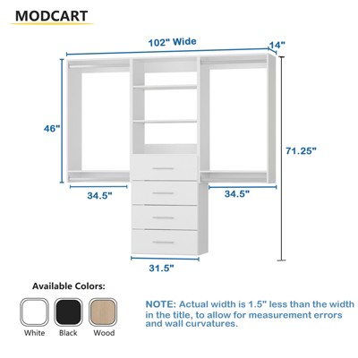 Closet System, Wide Closet Organizer System with Hanging and Drawers, Wood Tower Closet Storage for Walk In Closets
