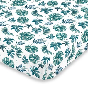 NoJo Super Soft Green and White Palm Leaf Nursery Mini Crib Fitted Sheet - 1 of 3