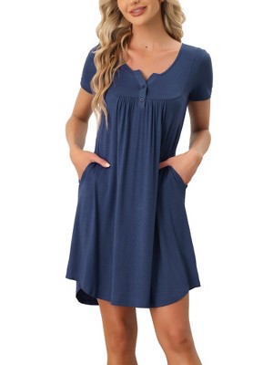 cheibear Women's Soft Front Button Short Sleeve Sleepwear Lounge Nightgown with Pockets
