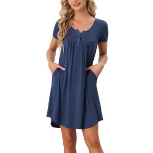 cheibear Women's Soft Front Button Short Sleeve Sleepwear Lounge Nightgown with Pockets - 1 of 4