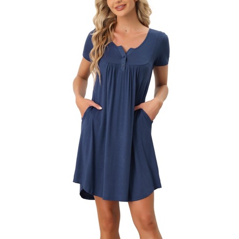 Cheibear Women's Sleepwear Soft Button With Pockets Short Sleeve Lounge  Nightgown Blue Medium : Target