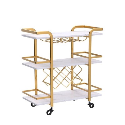 ZACHVO 3-Tier Gold Bar Cart with Glass, Marbled Solid Wood, Lockable Wheels, for Home & Kitchen
