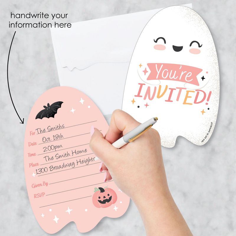 Big Dot of Happiness Pastel Halloween - Shaped Fill-In Invitations - Pink Pumpkin Party Invitation Cards with Envelopes - Set of 12, 2 of 8