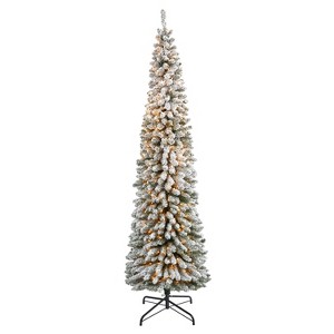 8ft. Flocked Pencil Artificial Christmas Tree with 500 Clear Lights and 646 Branches – Tall Slim X-Mas Glow - 1 of 4