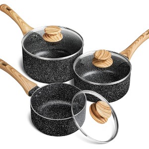MICHELANGELO 3 Piece Nonstick Saucepan Set with Lids 1, 2, 3 Quart, Stone Granite Coating Sauce Pots, Small, Black - 1 of 4