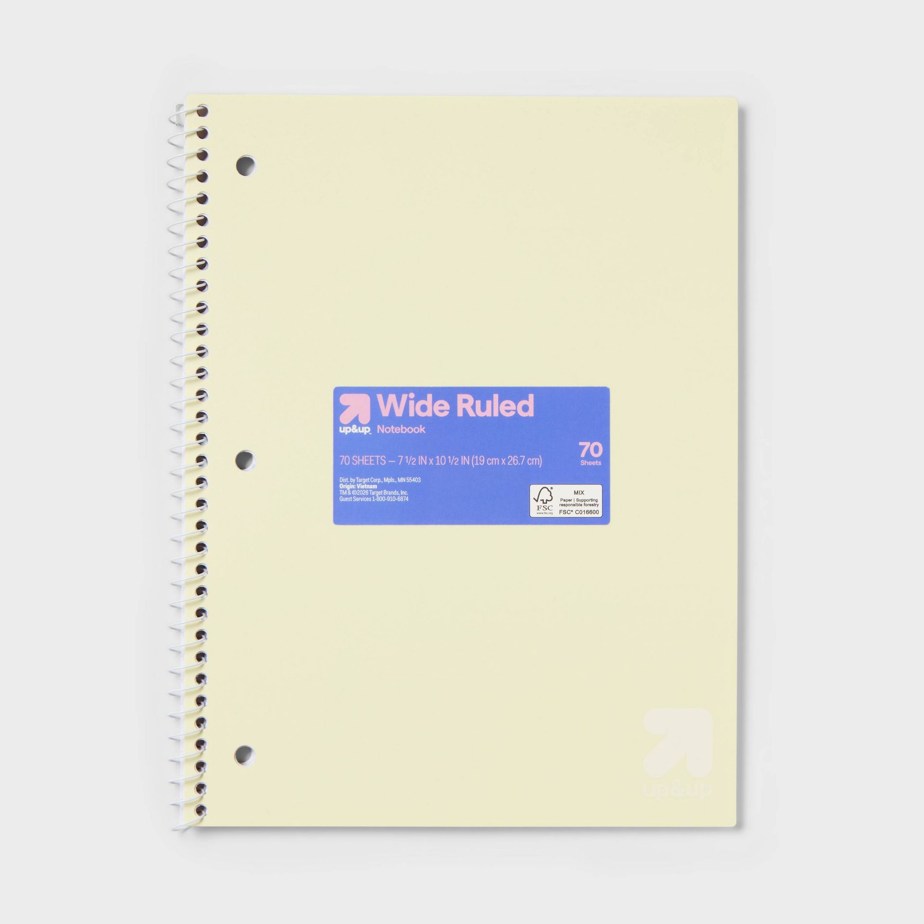 Wide Rule Spiral Notebook 7.5"x10.5" Poly Cover 70 Sheets Pastel Yellow - up&up™