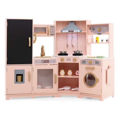 Safstar Corner Kids Play Kitchen Wooden Pretend Toy Kitchen w/ Realistic Lights PInk