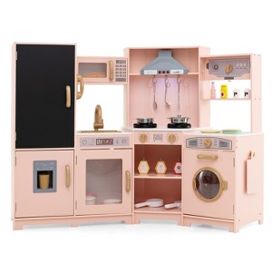 Safstar Corner Kids Play Kitchen Wooden Pretend Toy Kitchen w/ Realistic Lights PInk - 1 of 1