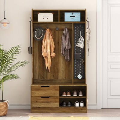 NicBex Hall Tree with Bench and Storage Drawers Coat Rack with 4 Open Dividers, 6 Hooks and Pegboard for Entryway, Living room