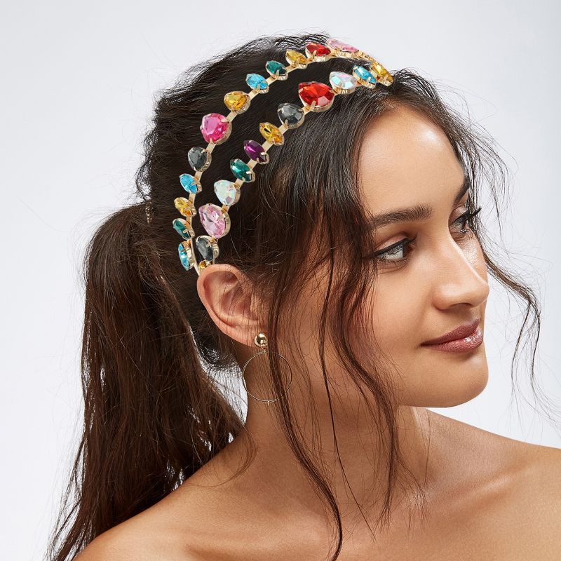 Unique Bargains Women's Double Layer Metal Colorful Rhinestone Faux Crystal headband 5.63"x1.77" 1 Pc, 2 of 7
