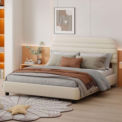 Streamdale Queen Size Velvet Upholstered Platform Bed,Solid Frame and Stylish Curve-shaped Design, Beige