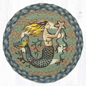 Earth Rugs Mermaid Printed Round Trivet – 10"x10" Braided Jute Mat with Coastal Fantasy Ocean Design - 1 of 3