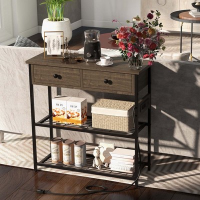 Grey Oak and Black Metal Console Table with Storage and Charging Station