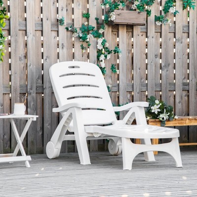 White Plastic Folding Outdoor Chaise Lounge with Adjustable Backrest and Wheels