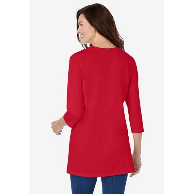 Woman Within Women's Plus Size Perfect Three-Quarter Sleeve Crewneck Tunic - 18/20, Classic Red