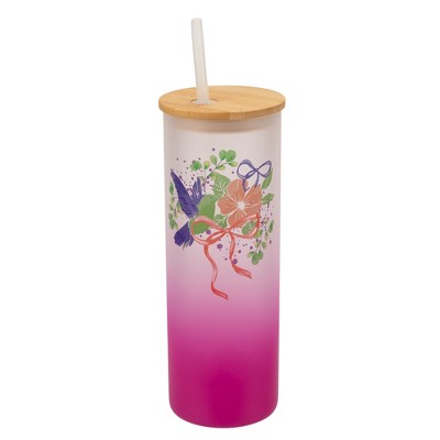 Elanze Designs 25 Ounce Frosted Glass Gradient Travel Tumbler With Straw and Wooden Lid, Hummingbird Floral Pink