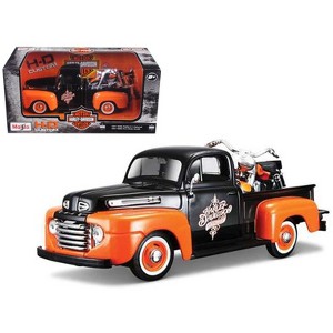 1948 Ford F-1 Pickup Truck with 1958 Harley Davidson FLH Duo Glide Motorcycle Orange and Black 1/24 Diecast Models by Maisto - 1 of 3