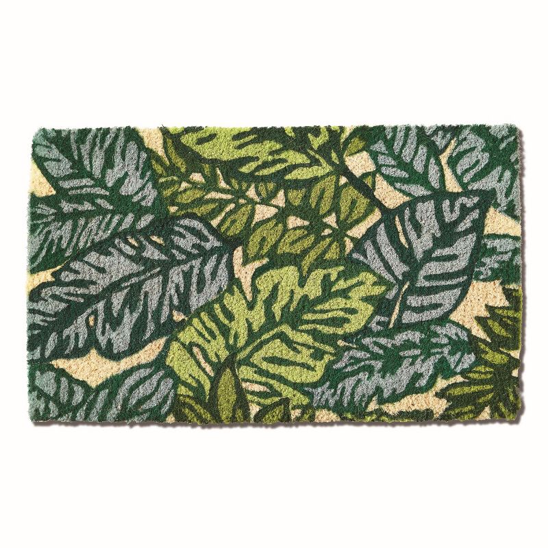 tagltd 1'6"x2'6" Plam Blue and Green Leaf Print Rectangle Indoor and Outdoor Coir Door Welcome Mat Blue and Green, 1 of 3