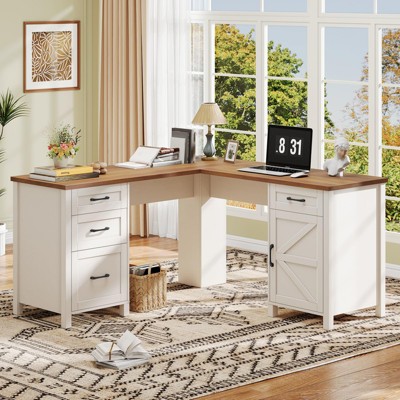 59" L Shaped Executive Desk with File Drawer & Storage Cabinet, Wood Corner Computer Desk, White