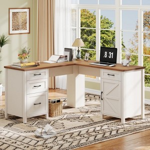 59" L Shaped Executive Desk with File Drawer & Storage Cabinet, Wood Corner Computer Desk, White - 1 of 4