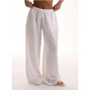 Womens Mid Rise Elastic Waist Wide Leg Pants Side Pocket Drawstring Casual Trousers - 1 of 3