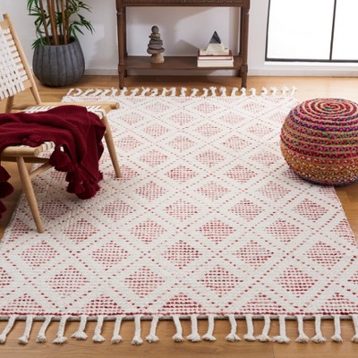 Ivory and Red Flat Woven Wool Rectangular Area Rug, 5' x 8'