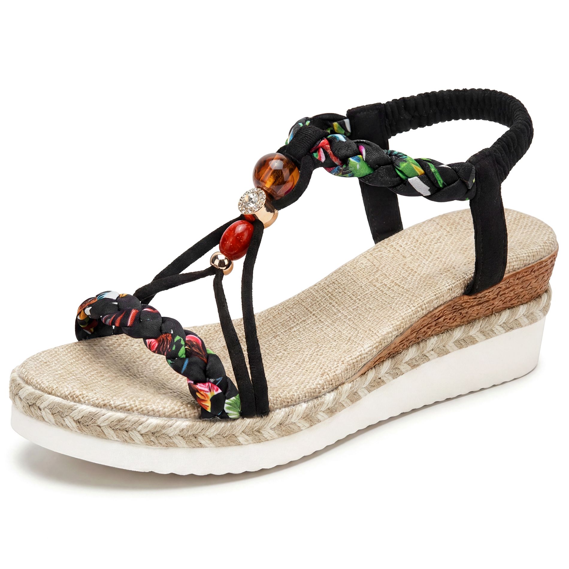 BLISSFUL STEP Plaid Beaded Cork Decorative Wedge Heel Platform Sandals