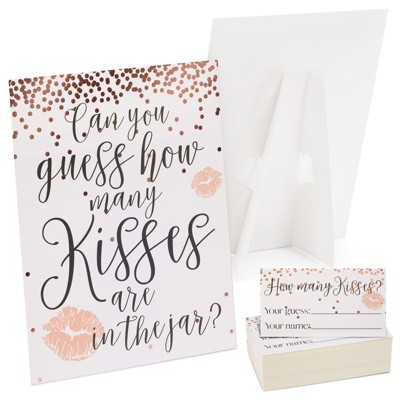 Sparkle and Bash Bridal Shower Party Game with 1 Sign and 60 Cards, Guess How Many Kisses