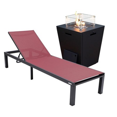 LeisureMod Marlin Modern Outdoor Patio Chaise Lounge Chair in Black Aluminum Frame with Square Fire Pit Side Table