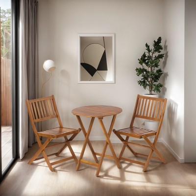 VYNXARIA 3-Piece Acacia Wood Bistro Set: 1 coffee table & 2 foldable chairs, perfect for garden, balcony, or patio,Light brown