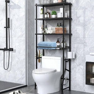 4 - Tier Over - Toilet Storage Rack Bathroom Organizer Shelf with Waterproof Feet Pad and Basket Black Multifunctional Space Saver - 1 of 4
