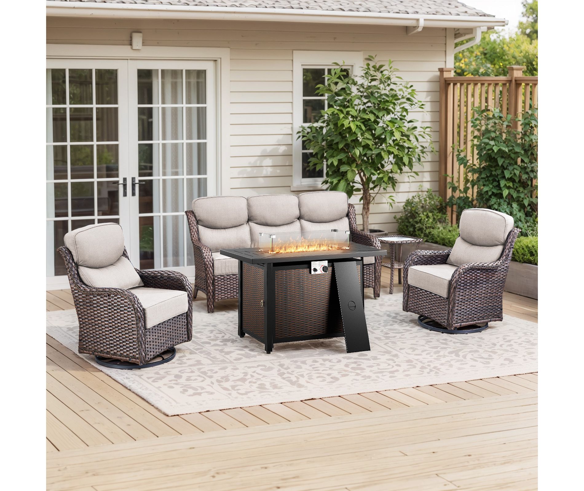 Gymojoy 4 Pieces/5 Pieces Outdoor Fire Pit Table w/ Patio 6in Sofa Swivel Glider Chairs Table Set