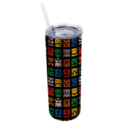 Elanze Designs Bubblegum Pink 20 Ounce Double Wall Stainless Steel Glitter Travel Tumbler With Sliding Lid And Straw, 8-Bit Pixel Art Video Games