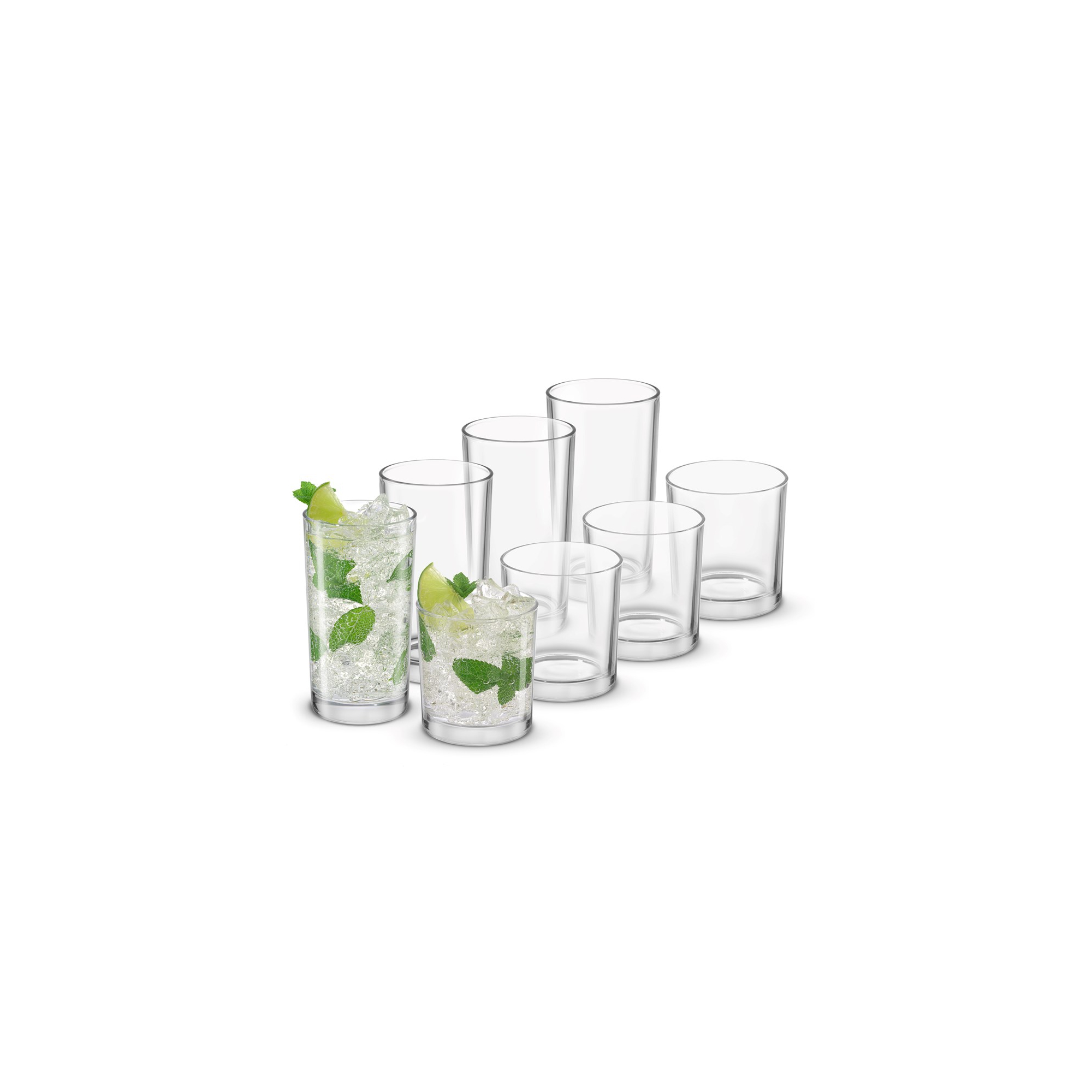 JoyJolt Alain Drinking Glasses Set of 8 Glass Tumblers. Highball 14oz Bar Glasses and Lowball 10oz Rocks Glasses Set