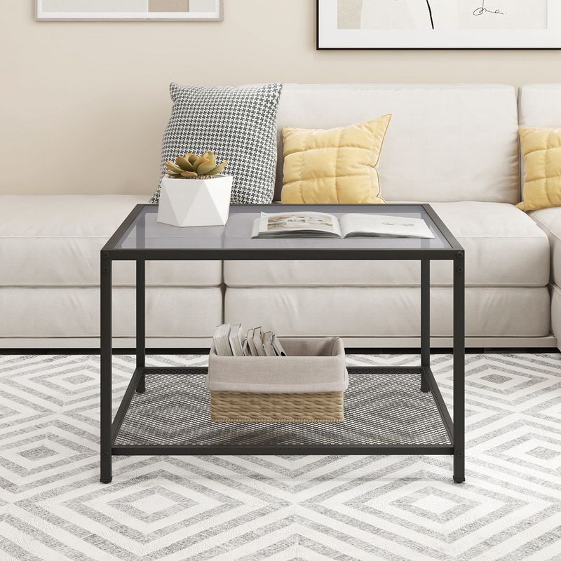 Costway Glass Coffee Table 27.5 Inch 2-Tier Square with Mesh Shelf Living Room Grey/Transparent, 4 of 11