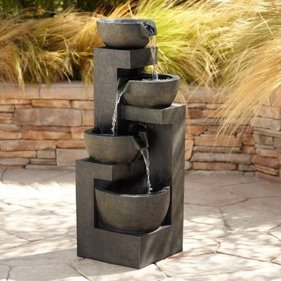 42" Gray Resin Four-Bowl Cascading Outdoor Fountain with LED Light