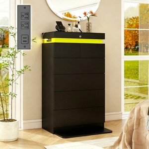 Dyonery 48.4" Tall 6 Drawer Dresser, Modern Black LED Chests of Drawers, Sliding Top Storage with Lock/LED Lights/Power Outlet for Bedroom