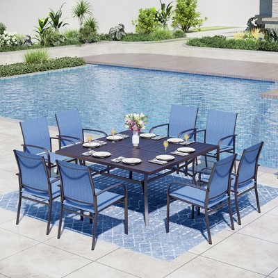 Captiva Designs 9pc Spacious Slat-top Square Metal Table with Umbrella Hole & Sling Fixed Dining Chairs