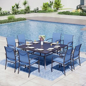 Captiva Designs 9pc Spacious Slat-top Square Metal Table with Umbrella Hole & Sling Fixed Dining Chairs - 1 of 4
