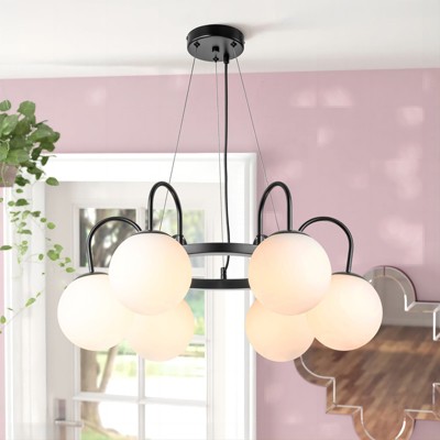 Rennnsan Marvique 24"W 6-Light Wagon Wheel Milk Glass Classic Dimmable Chandelier in Black