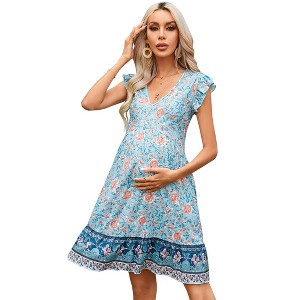 Coolmee Women Spring Summer Maternity Mini Dresses Casual V Neck Cap Sleeve Short Beach Dress - 1 of 4