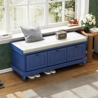 Classic Storage Bench with Cushioned Seat and Three Drawers for Entryway and Living Room