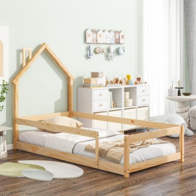 Durable Twin Wood Bed with House-Shaped Headboard and Protective Fencing