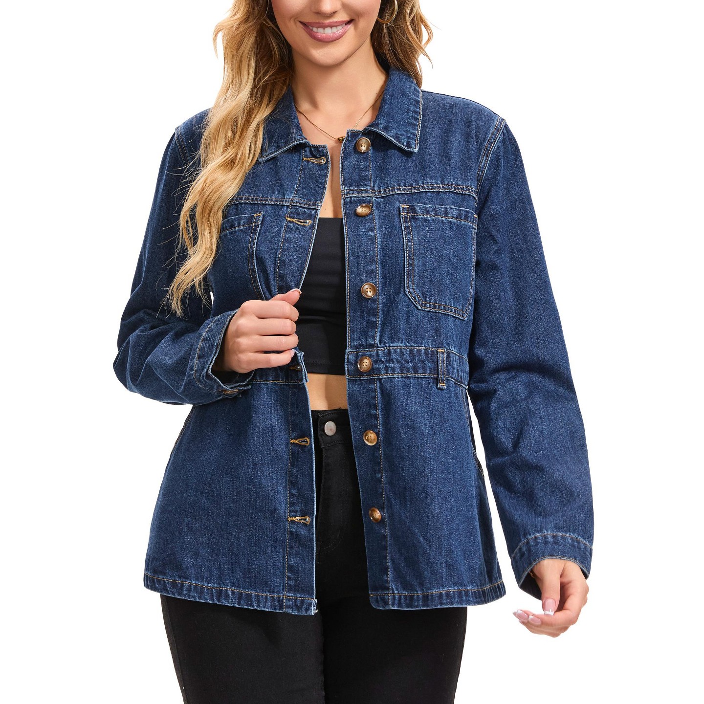 Женская куртка INSPIRE CHIC Denim Distressed Button Down Long Sleeve Jean Jacket Large Dark Blue, цвет: Джинсовый — фото 1