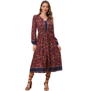 Allegra K Women's Floral Long Sleeve V Neck Elastic Waist Split A-Line Midi Dress - 1 of 4