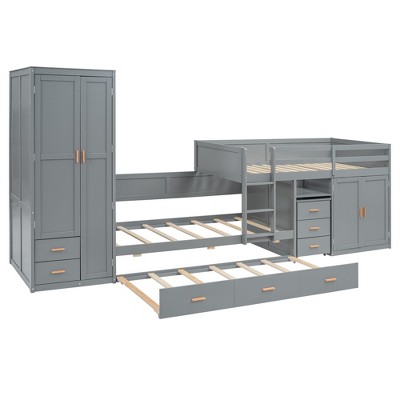 TiramisuBest Twin Wooden Bunk Bed with Trundle - Gray Plywood Design
